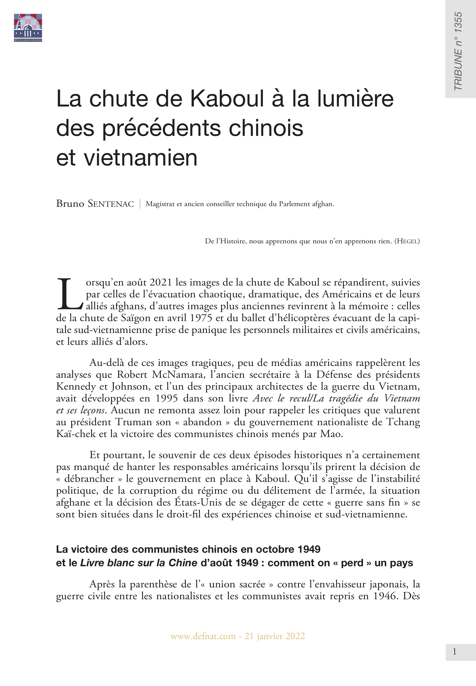 La chute de Kaboul à la lumière des précédents chinois et vietnamien (T 1355)
